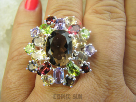 bpee4585 Wooow BOSKO PIĘKNY WIELOBARWNY Lux Pierścień Pierścionek naturalny Kwarc Dymny, Cytryn, Ametyst, Granaty, Oliwin r.18 SREBRO 925 #