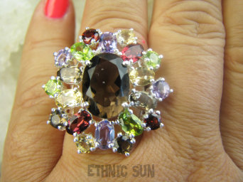 bpee4585 Wooow BOSKO PIĘKNY WIELOBARWNY Lux Pierścień Pierścionek naturalny Kwarc Dymny, Cytryn, Ametyst, Granaty, Oliwin r.18 SREBRO 925 #