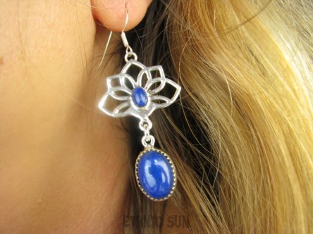 bke1183 Długie 6cm lekkie cudowne ażurowe kolczyki Kwiat Lotosu - talizman wiecznej młodości !!! Tak piękne Lapis Lazuli SREBRO 925