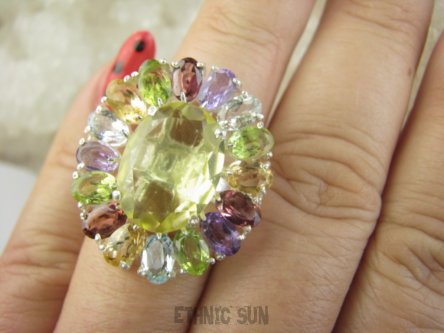 bpee4642 Wooow BOSKO PIĘKNY WIELOBARWNY Lux Pierścień Pierścionek naturalny Cytryn Lemon, Ametyst, Granaty, Oliwin, Blue Topaz r.15 SREBRO 925 #