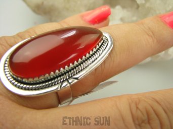 bpe9103  DUZY OKAZ Piękny Egzotyczny Długi 3.7 cm Pierścień Pierścionek czerwony Onyks - regeneruje SERCE, EGZEMY, PAMIĘĆ r.17 Srebro 925 #