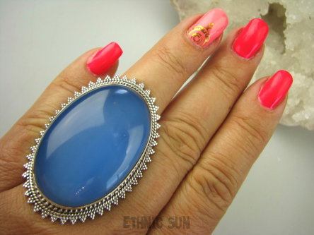 bpe7797 OLBRZYM 30 gramów 5 cm / 3.4 cm ! Niebiańska Piękność WSPANIAŁY Regulowany Pierścień CHALCEDON (TARCZYCA)r.16, r.17, r.18, r.19, r.20, r.21, r.22 , r.23 Srebro 925 #