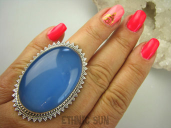 bpe7797 OLBRZYM 30 gramów 5 cm / 3.4 cm ! Niebiańska Piękność WSPANIAŁY Regulowany Pierścień CHALCEDON (TARCZYCA)r.16, r.17, r.18, r.19, r.20, r.21, r.22 , r.23 Srebro 925 #