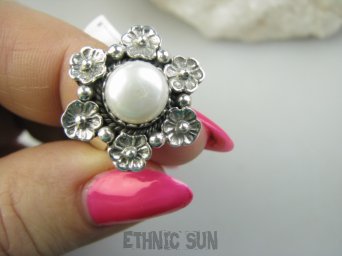 bpee4503 Alez piękny wzór  delikatny Pierścień Pierścionek z Perłą Perła Perły r.15/ r.16 oksydowane Srebro 925 #