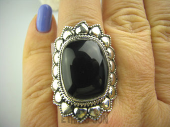 bpe3619 Elegancki MASYWNY Kruczoczarny Kwiat DUŻY Pierścień ONYKS r.18 Srebro 925 #