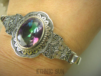 bb3694 Cudowna WIELOBARWNA Duża 30g/31g BRANSOLETA Bangla z możliwością odpinania TĘCZOWY Mystic Topaz Srebro 925 #