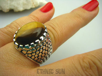 bpe2127 Tygrys w wężowej skórze !!! Orientalny Pierścień Tygrysie Oko r.21/r.22 Srebro 925  Wspomaga leczenie  Oczy Astma Krążenie i TRAWIENIE  !!!! 