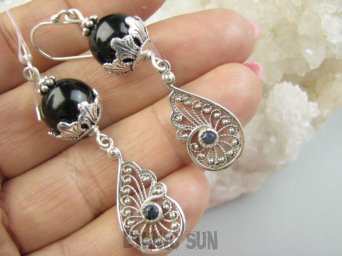 bkee1172 Alez piękny wzór Długie 6 cm  Lekkie 11g Długie  6 cm Piękne Ażurowe Kolczyki Obsydian Złocisty, Szafir Indyjski Szafiry Srebro 925