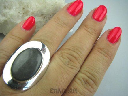 bpe5318 MAGICZNY Pierścień OKAZ 3,4 cm Najwyższa jakość OBSYDIAN SREBRZYSTY  - chroni przed zawiścią, „złym spojrzeniem” r.20/ r.21 Srebro 925 #