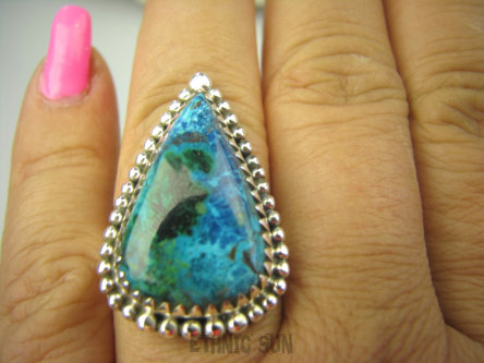 bpe7982 Cudowne Barwy - Rzadkość Egzotyczny Pierścień naturalny Niebiesko Zielono Morski AZURYT r.18 Srebro 925 #