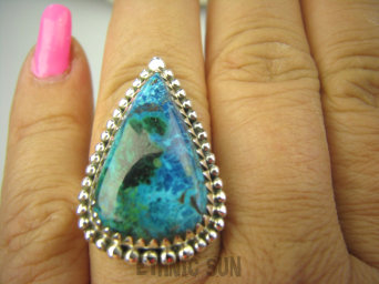 bpe7982 Cudowne Barwy - Rzadkość Egzotyczny Pierścień naturalny Niebiesko Zielono Morski AZURYT r.18 Srebro 925 #