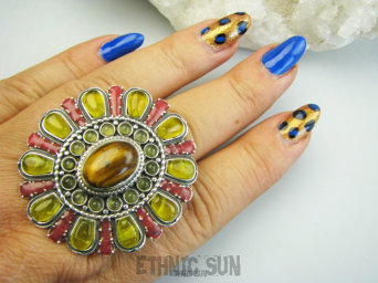 bpe9686 OGROMNY BAŚNIOWY KRÓLEWSKI KLEJNOT GIGANT 31 g !!! CUDO Pierścień Pierścionek z Nepalu Tygrysie Oko, Agat Żółty, Koral r.20 Srebro 925 #