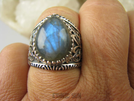 bpe6922 Motyl - symbol siły i niezależności Wygodny PIERŚCIEŃ Labradoryt Spektrolit r.17 zdobiona obrączka Srebro 925 #