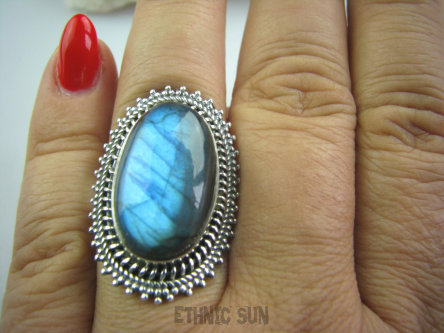 bpe4909 Czarodziejsko Piękny Orientalny Pierścień Labradoryt Spektrolit - kamień Zorzy Polarnej r.18 Srebro 925 #