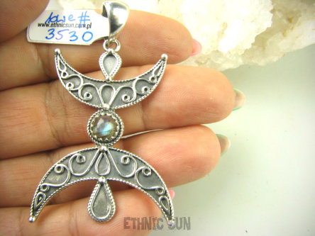 bwe3530 Półksiężyc symbol Kobiecości !!! Niesamowity Długi 5.8 cm Wisior Zawieszka Labradoryt Spektrolit SREBRO 925 #