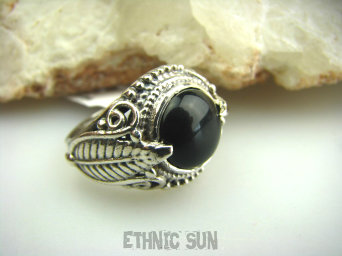 bpe2528 Cudny Delikatny Pierścień z onyksem ozdobiony listkami ONYKS - regeneruje SERCE, EGZEMY,PAMIĘĆ r.14 Srebro 925 #