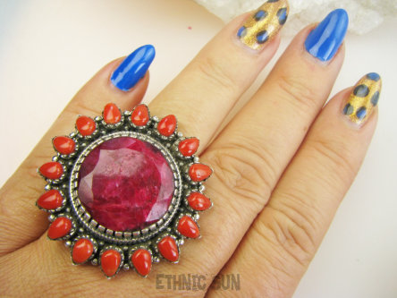 bpee4580 OGROMNE EGZOTYCZNE SŁOŃCE !!!Zajwiskowo piekny ! GIGANT 27 gramów !!! Pierścień Pierścionek Rubin Indyjski Korale Rubiny KORAL r.18 Srebro 925 #