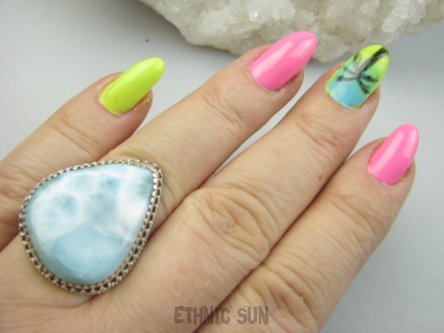 bpe9563 Anielski Pierścień Pierścionek Rzadki Niebieski Larimar (kamień Anielski ) - stawy, serce lęki, otwiera czakrę gardła r.17 Srebro 925 #