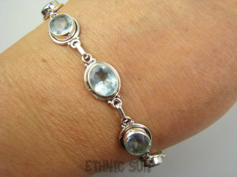bb3966 BŁĘKITNE CUDO !!!! Przepiękna Klasyczna Bransoletka Bransoleta z kamieniami młodości - 7 sztuk kamieni BLUE TOPAZ laboratoryjny RZADKOŚĆ Srebro 925 #