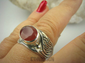 bpee3467 CUDOWNY Pierścień Obrączka szlifowany Czerwony ONYKS r.20 szeroka obrączka Srebro 925 #