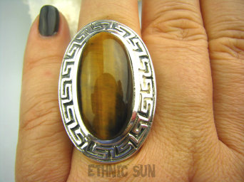 bpe2525 GRECKIE WZORY !!!! Niezwykły OKAZ DUŻY Pierścień Tygrysie Oko Wspomaga Oczy Astma Krążenie i TRAWIENIE r.17 Srebro 925