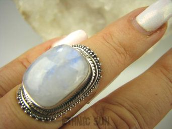bpe8451 Biżuteria Orientalna !!!! Pierścień Pierścionek Niebiesko Chabrowy Kamień Księżycowy r.13 Srebro 925 #