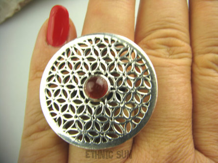 bpe3523 Duży Pierścień KWIAT ŻYCIA - SILNY AMULET OCHRONNY !!!! Ażurowy ORIENTALNY Pierścień Karneol  r.16 SREBRO 925 #