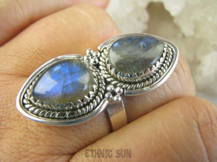 bpe8939 Biżuteria Orientalna - Egzotyczny Długi 4 cm Pierścień Pierścionek Labradoryt Spektrolit kamień Zorzy Polarnej r.22 Srebro 925 #