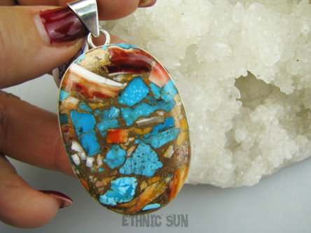 bwe3927 FANTASTYCZNY duży wisior 6,4cm /3,5 Wielobarwny aż 23G OSTRYGOWY TURKUS MIEDZIANY Mojave OSTRYGA Muszla złota MIEDZ Srebro 925 #