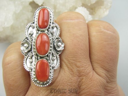 bpe9649 UFF CO ZA KORALOWA PIĘKNOŚĆ-Rzadkość Magnetyzujący Talizman przyciąga Szczęscie i Sukces !!!! Długi 4.6 cm ! Orientalny Pierścień Duży Pierścionek naturalny KORAL r.20 Srebro 925 #