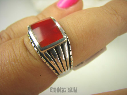 bpe8083 Egzotyczny Sygnet Męski lub Damski Pierścień Czerwony ONYKS - regeneruje SERCE, EGZEMY, PAMIĘĆ r.15/r.16 Srebro 925 #