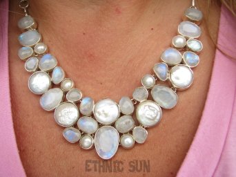 bn1535 KRÓLEWSKA KOLIA - duża MIENIĄCA SIĘ fenomenalna  71 gramy ! CUDOWNA Przepiękna Kolia Naszyjnik Kamień Księżycowy, Perła Biwa Perły Srebro 925 #