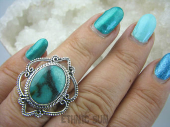 bpe5854 Turkusowy Piękny Finezyjny Pierścień z Naturalnym Turkusem wielobarwny TURKUS - opiekun ciała i duszy r.14 ażurowe Srebro 925 #