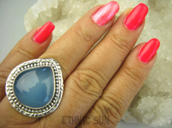 bpe8188 Błękitne Cacko Niebieski WSPANIAŁY Pierścień CHALCEDON (TARCZYCA) r.17 egzotycznie zdobione Srebro 925 #