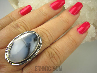 bpe6867 ŚNIEŻNY ZIMOWY KRAJOBRAZ !!! Przepiękny Pierścień AGAT DENDRYTOWY r.24 Srebro 925 #