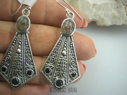 bkee800 DUŻE Długie 5,7 cm Orientalne WACHLARZE !!! Piękne KOLCZYKI Kwarc Sagenitowy z czarnym Rutylem Onyks Srebro 925