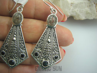 bkee800 DUŻE Długie 5,7 cm Orientalne WACHLARZE !!! Piękne KOLCZYKI Kwarc Sagenitowy z czarnym Rutylem Onyks Srebro 925