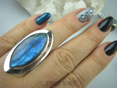 bpe5465 WYBITNIE PIĘKNY Długi 4.2 cm Pierścień Labradoryt Spektrolit kamień Zorzy Polarnej r.17 Lśniące Srebro 925 #