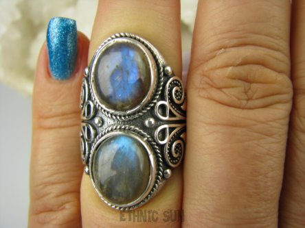 bpe6495 Cudo !!!   Biżuteria Orientalna - Egzotyczny Pierścień Labradoryt Spektrolit kamień Zorzy Polarnej r.13 zdobiona obrączka Srebro 925 #