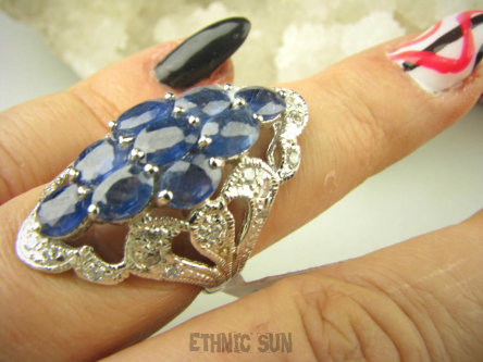 bpee4034 Długi Lśniący Pierścień Pierścionek naturalny Kianit (Kyanit) oraz Cyrkonie r.14 SREBRO RODOWANE 925 #