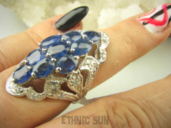 bpee4034 Długi Lśniący Pierścień Pierścionek naturalny Kianit (Kyanit) oraz Cyrkonie r.14 SREBRO RODOWANE 925 #