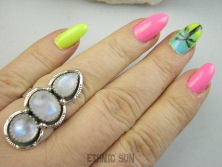 bpe9518 Orientalna Piękność Długi 3.8 cm cudownie zdobiony Pierścień Pierścionek Kamień Księżycowy r.19 Srebro 925 #