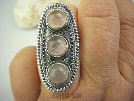 bpe4504 DUŻY DŁUGI 3.8 cm ! Pierścień Potrójny KWARC RÓŻOWY - kamień mocnego serca (czakra serca) r.17 Srebro 925 #