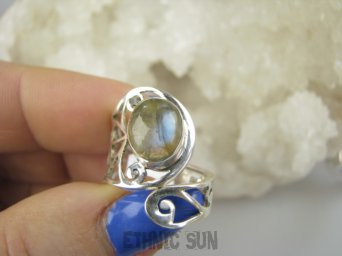 bpe9329 Niezwykły Artysta Ażurowy Regulowany Pierścień Pierścionek naturalny Labradoryt Spektrolit r.12, r.13, r.14, r.15 szeroka obrączka Srebro 925