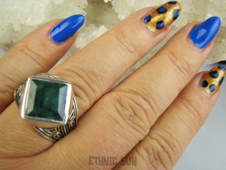 bpee4533 UNISEX DUŻY MĘSKI lub damski SYGNET Pierścień Pierścionek Szmaragd Indyjski Szmaragdy r.25 Srebro 925 #