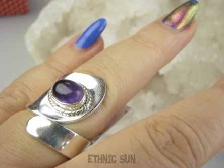 bpe9376 Artystyczny Lśniący Regulowany Pierścień Pierścionek Fioletowy Ametyst r.17, r.18, r.19, r.20, r.21 szeroka obrączka Srebro 925 #