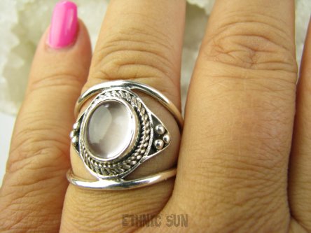 bpe9219 Finezyjny Ażurowy Pierścień Pierścionek podwójna obrączka naturalny Kwarc Różowy r.19 Srebro 925 #