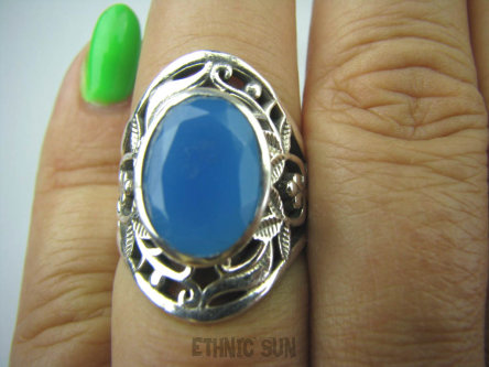 bpee3286 CACUSZKO Przepiękny Pierścień szlifowany Niebieski Chalcedon (tarczyca) CZAKRA GARDŁA r.15 ażurowa obrączka Srebro 925 #