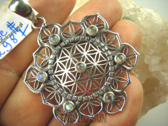 bwe2987 KWIAT ŻYCIA - SILNY AMULET OCHRONNY !!!! Ażurowy ORIENTALNY Wisior Labradoryt Spektrolit SREBRO 925 #