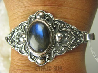 bb3161 BOSSKA  Fenomenalna mocno zdobiona BRANSOLETA Bangla z możliwością odpinania naturalny Labradoryt Spektrolit Srebro 925 #